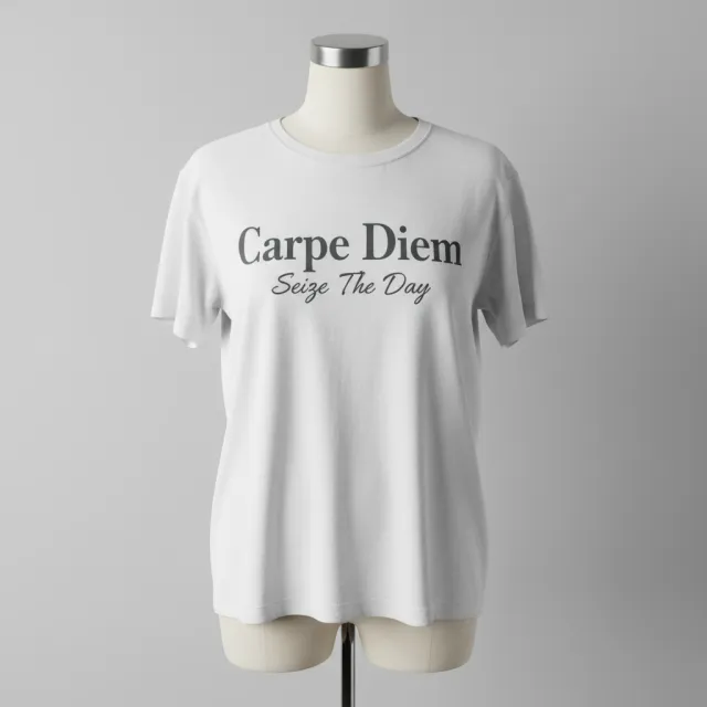 A wrinkled white T-shirt with "Carpe Diem" in bold serif font and "Seize The Day" in… - Google Nano Banana (2.5 Flash)