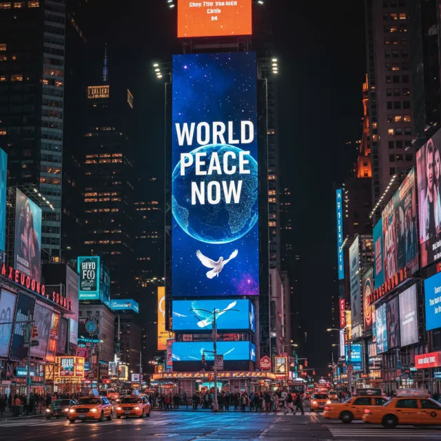 A large storefront billboard at Times Square displaying the slogan “WORLD PEACE NOW” in… - Google Nano Banana (2.5 Flash)