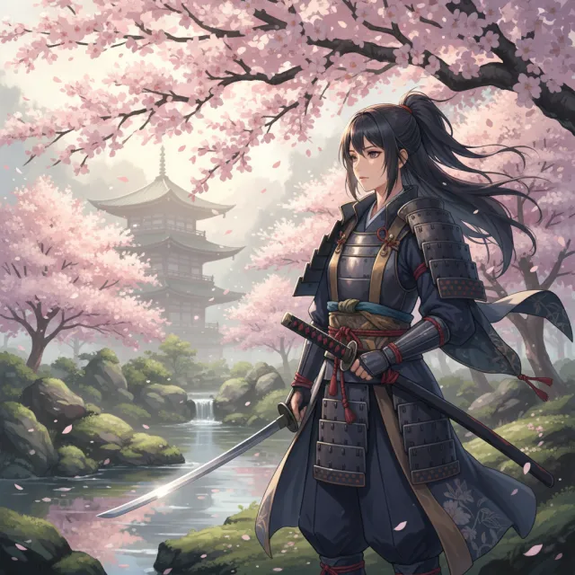 An anime-style portrait of a samurai standing under pink cherry blossoms - Google Nano Banana (2.5 Flash)