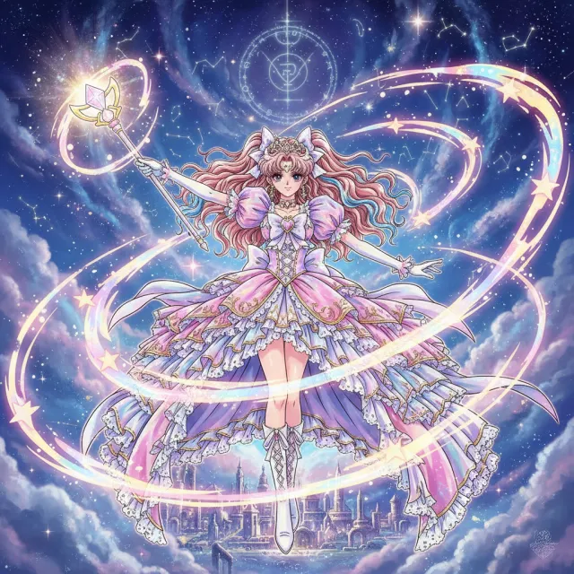 A magical girl character in a frilly dress, casting a spell (classic anime trope) - Google Nano Banana (2.5 Flash)