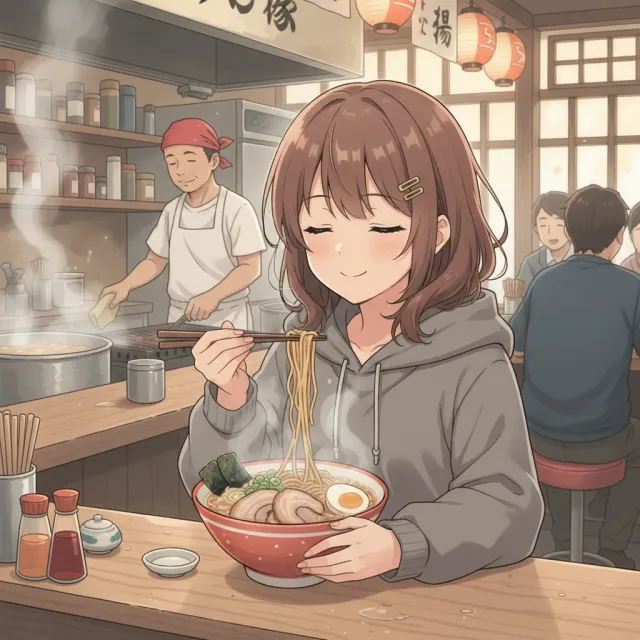An anime scene of a character eating ramen at a small shop counter (slice-of-life style) - Google Nano Banana (2.5 Flash)