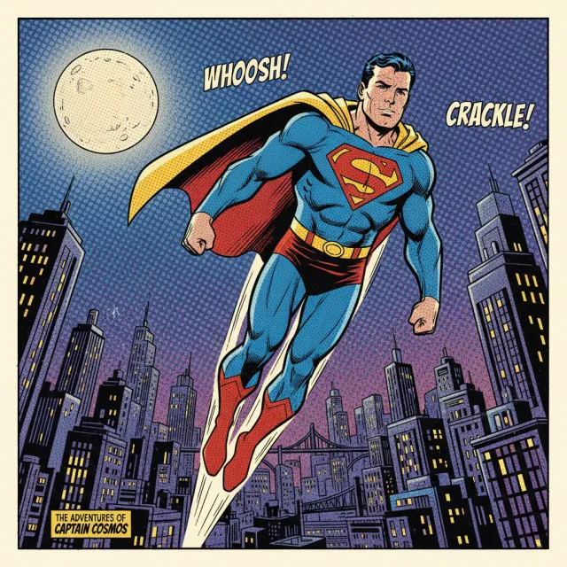 A comic-book style superhero flying over a city at night, with halftone shading - Google Nano Banana (2.5 Flash)