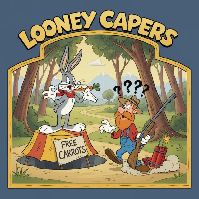 A Looney Tunes-inspired cartoon scene of a clever rabbit tricking a hunter - Google Nano Banana (2.5 Flash)