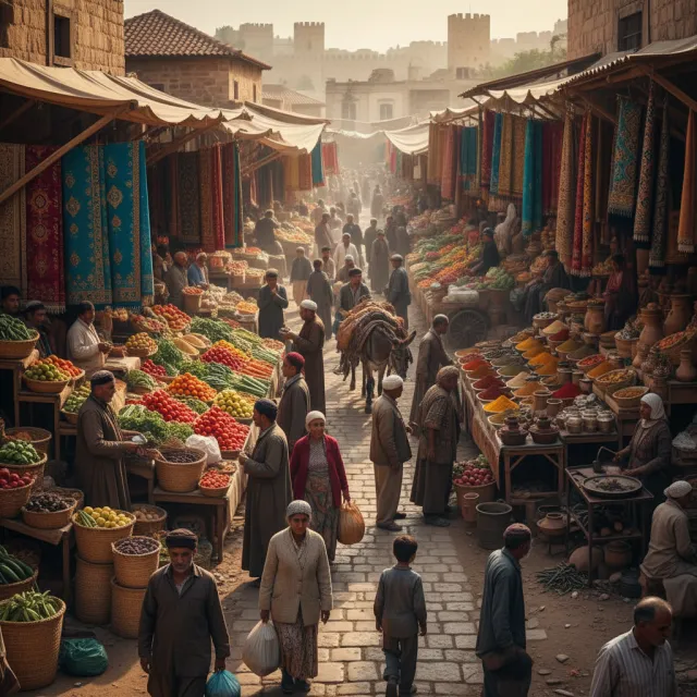 A bustling market scene with dozens of people buying and selling goods - Google Nano Banana (2.5 Flash)