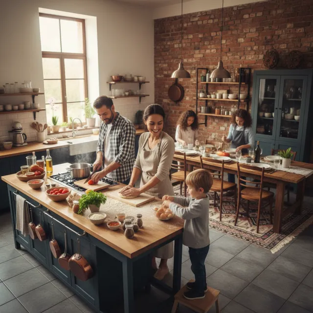 A family cooking together in a kitchen, each person busy with a different task - Google Nano Banana (2.5 Flash)