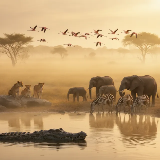 A misty dawn at an African savanna watering hole where elephants, lions, and zebras coexist in tense harmony, with a crocodile partially submerged in the foreground and flamingos taking flight in the background, golden hour lighting. - Nano Banana (2.5 Flash)