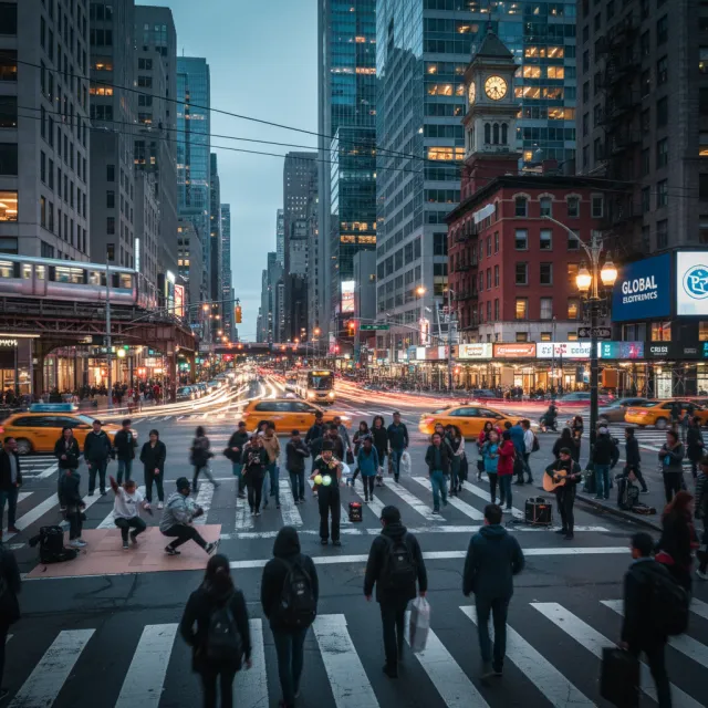 A busy city intersection with cars, pedestrians, and street performers all in one frame - Google Nano Banana (2.5 Flash)