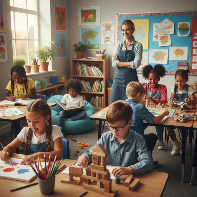 A school classroom of children and a teacher, each student engaged in a different… - Google Nano Banana (2.5 Flash)