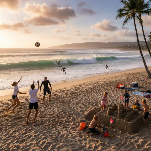 A beach scene: adults playing volleyball, kids building sandcastles, and surfers riding… - Google Nano Banana (2.5 Flash)