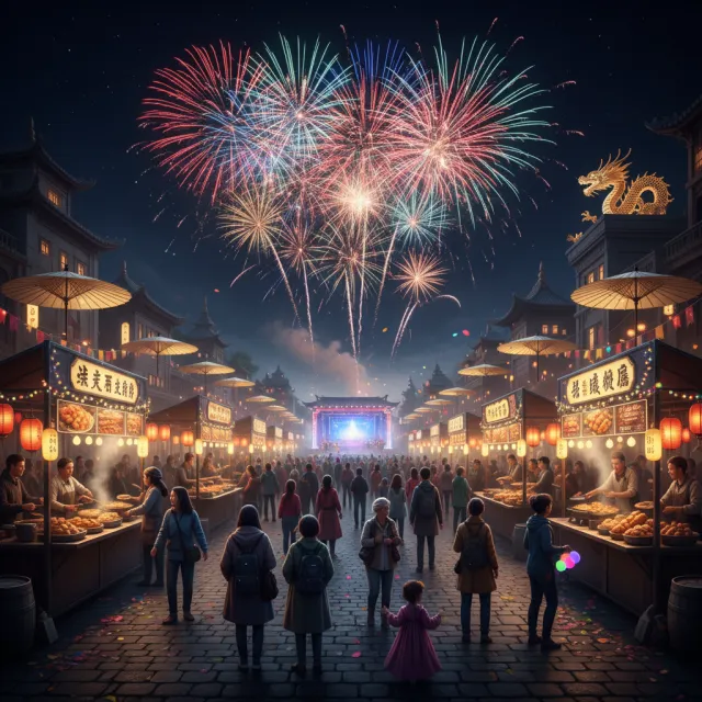 A nighttime festival with fireworks in the sky, food stalls lined up, and crowds mingling. - Nano Banana (2.5 Flash)