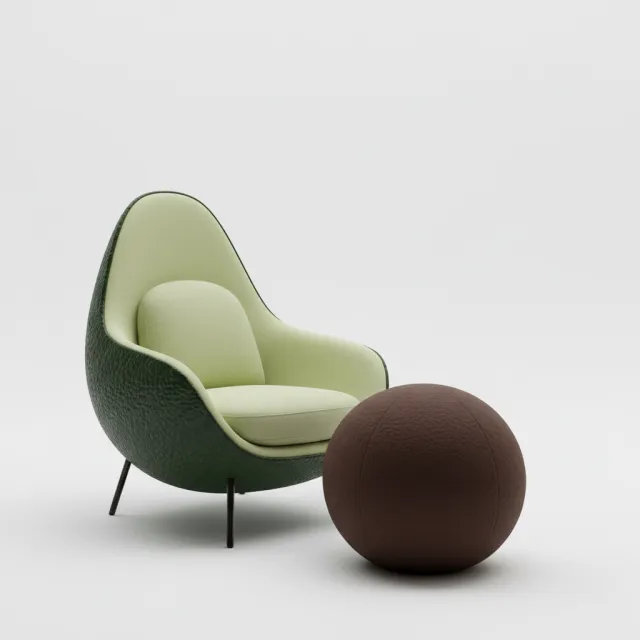 An armchair designed in the shape of an avocado, presented in a contemporary product photography style with professional studio lighting against a minimalist background. - Nano Banana (2.5 Flash)