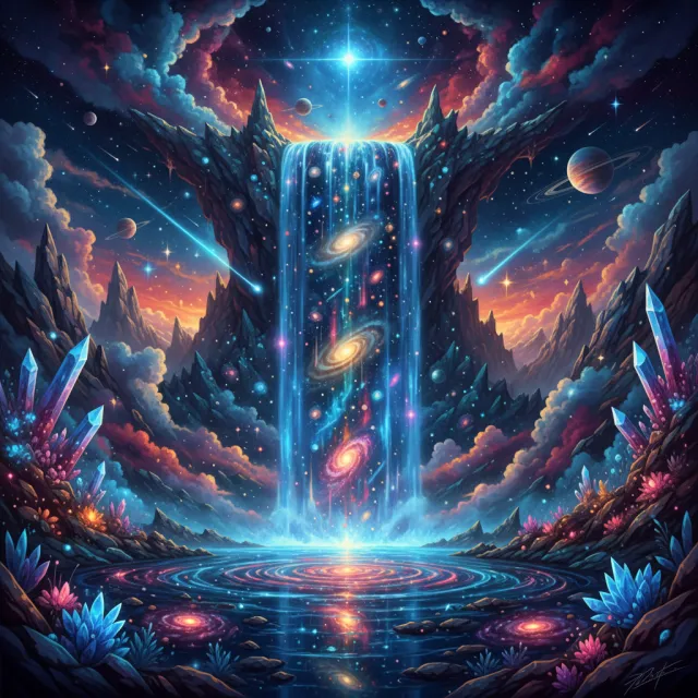 A waterfall that pours out stars and galaxies instead of water, illustrated in a cosmic… - Google Nano Banana (2.5 Flash)
