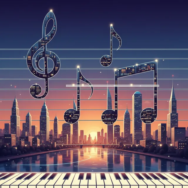 A city skyline that forms the shape of musical notes on a staff, created in a stylized… - Google Nano Banana (2.5 Flash)