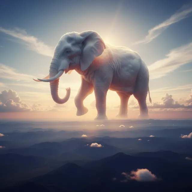 An elephant made of clouds floating in a sunset sky, rendered in a surrealist… - Google Nano Banana (2.5 Flash)