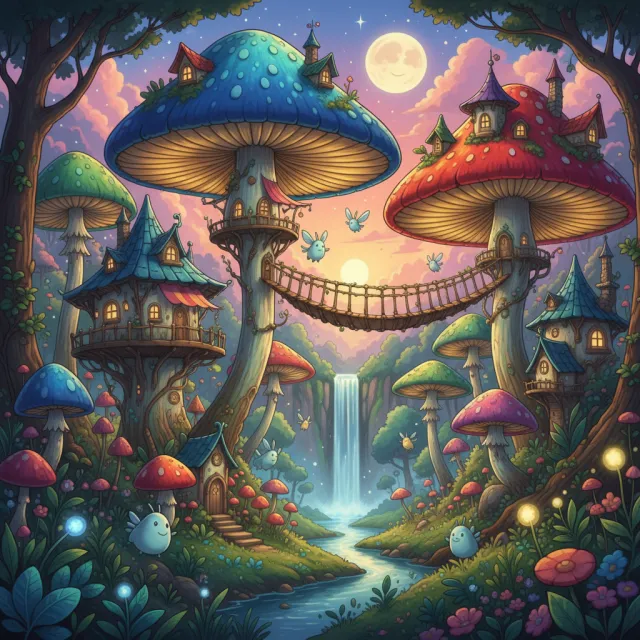 A forest of giant mushrooms with houses built on top of them, rendered in a whimsical… - Google Nano Banana (2.5 Flash)