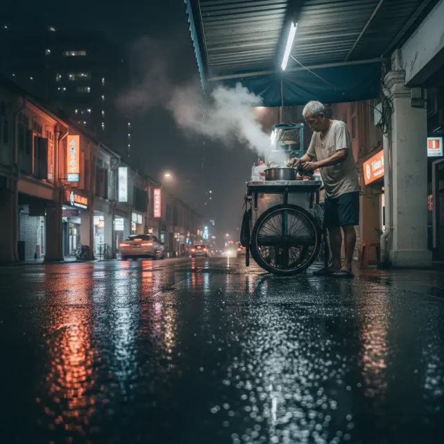 Rain-slicked Singapore street, 3 AM. A lone elderly hawker cleans his cart under one… - Google Nano Banana (2.5 Flash)