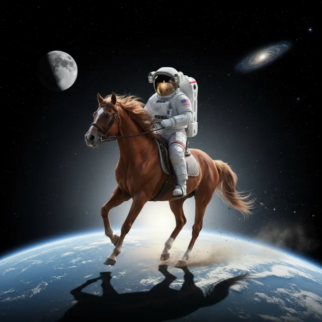 A realistic astronaut being ridden by a horse, photorealistic depiction in outer space with accurate lighting and proportions - Nano Banana (2.5 Flash)
