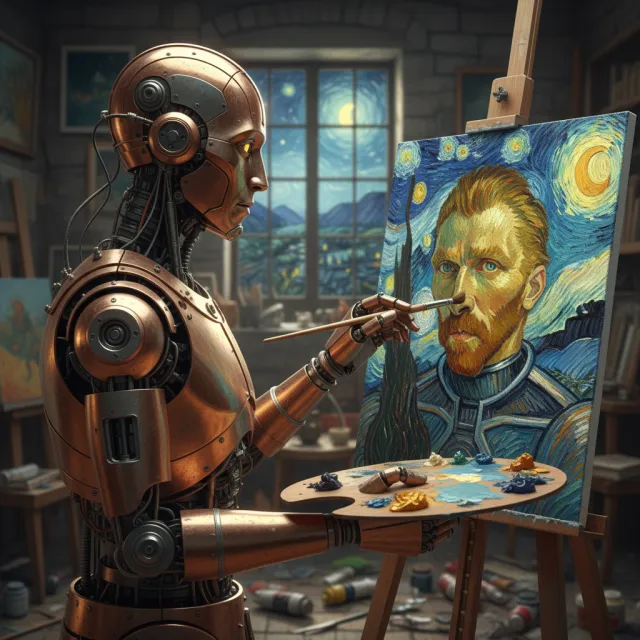 Photorealistic image of a robot painting a realistic self-portrait (i.e. the robot) on… - Google Nano Banana (2.5 Flash)