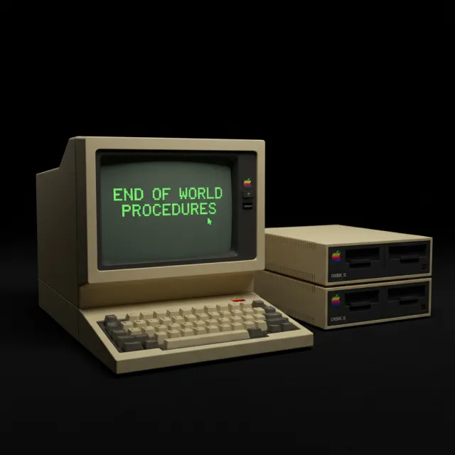 Vintage Apple II computer with green monochrome CRT screen, displaying 'END OF WORLD… - Google Nano Banana (2.5 Flash)