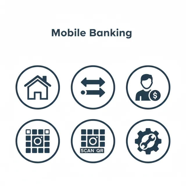 Set of 5 consistent flat design icons for a mobile banking app: 'Home', 'Transfer'… - Google Nano Banana (2.5 Flash)
