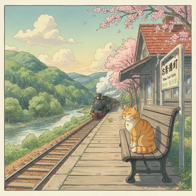A countryside train station with a cat waiting on a bench. Rendered in Studio Ghibli… - Google Nano Banana (2.5 Flash)