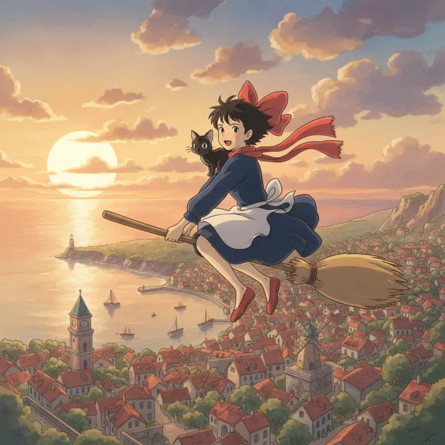 A young witch flying on a broomstick above a coastal town at sunset. Exact art style of 'Kiki's Delivery Service' by Studio Ghibli, with Miyazaki's character design and warm colors. - Nano Banana (2.5 Flash)