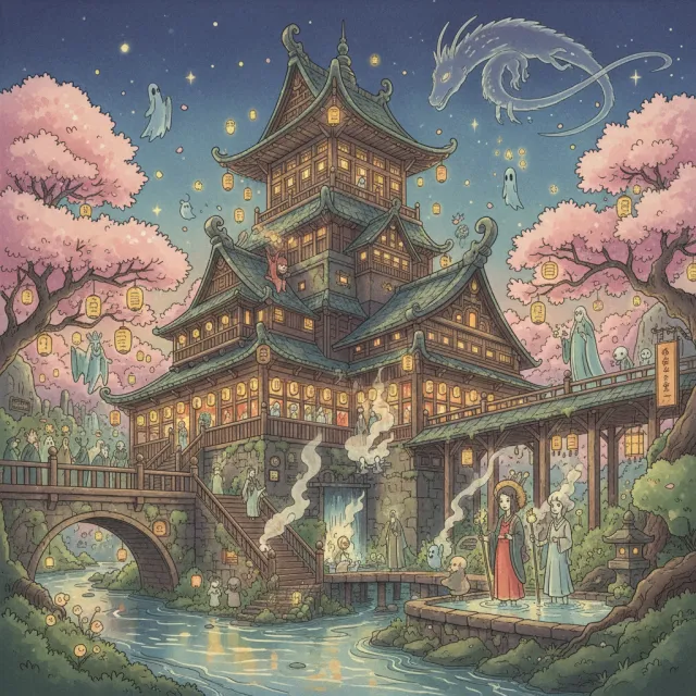 An enchanted bathhouse with glowing lanterns and spirits. Recreate the visual style of… - Google Nano Banana (2.5 Flash)