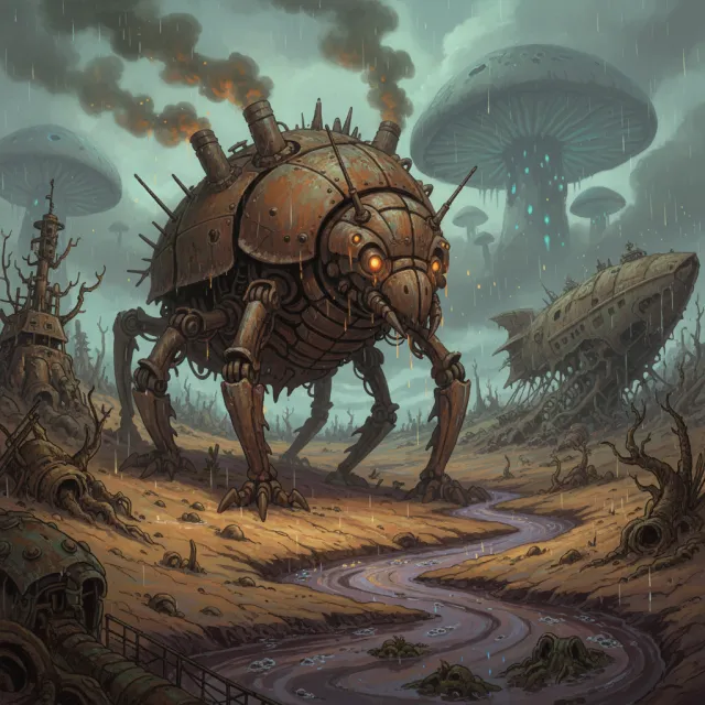 A mechanical creature in a polluted landscape. Capture the visual aesthetic of 'Nausicaä'… - Google Nano Banana (2.5 Flash)