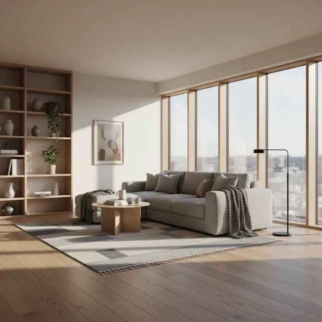 A photorealistic interior of a modern Scandinavian-style living room with natural light streaming through floor-to-ceiling windows. Show detailed wood textures, fabric materials, and proper light reflections. - Nano Banana (2.5 Flash)