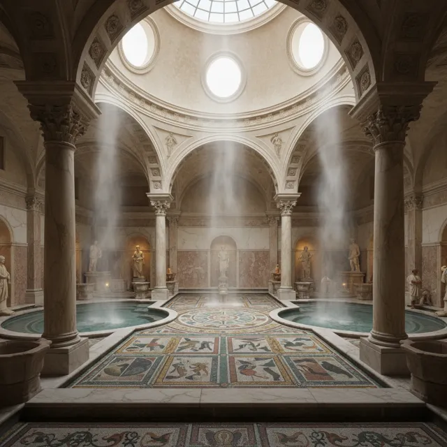An ancient Roman bathhouse interior with accurate architectural details - marble columns, mosaic floors, arched ceilings, and steam rising from pools. Natural light from oculus openings. - Nano Banana (2.5 Flash)