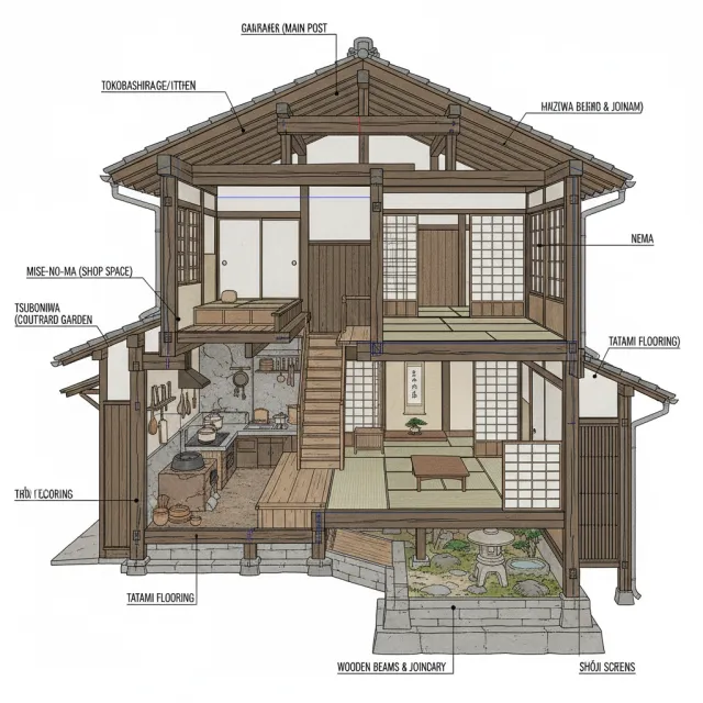 Cutaway architectural drawing of a traditional Japanese machiya townhouse showing all… - Google Nano Banana (2.5 Flash)