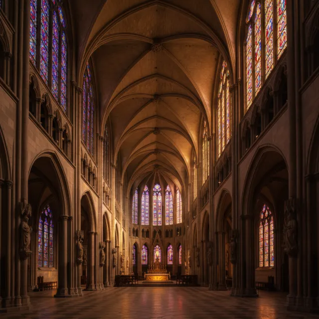 A Gothic cathedral interior at sunset with light streaming through detailed stained glass… - Google Nano Banana (2.5 Flash)
