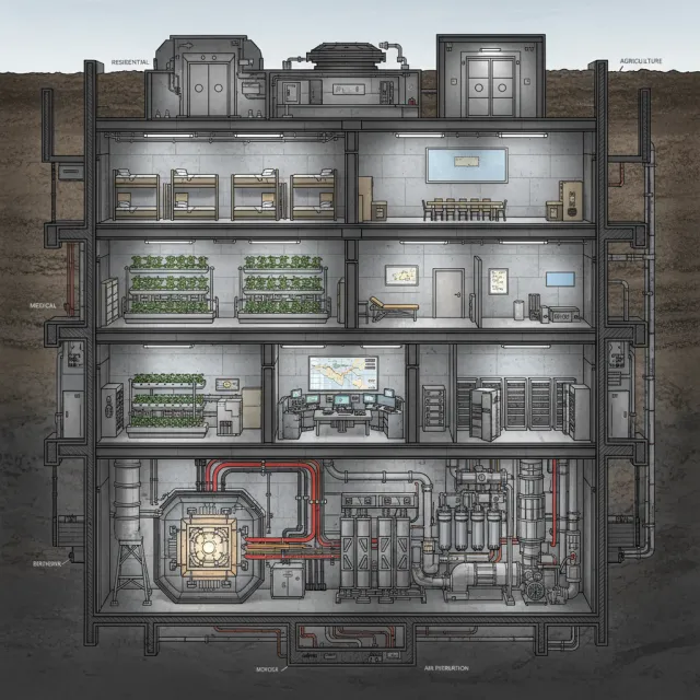 Cross-section rendering of a multi-level underground bunker with different functional… - Google Nano Banana (2.5 Flash)