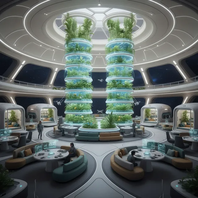 Interior of a futuristic space habitat with hydroponics gardens, communal areas, and… - Google Nano Banana (2.5 Flash)