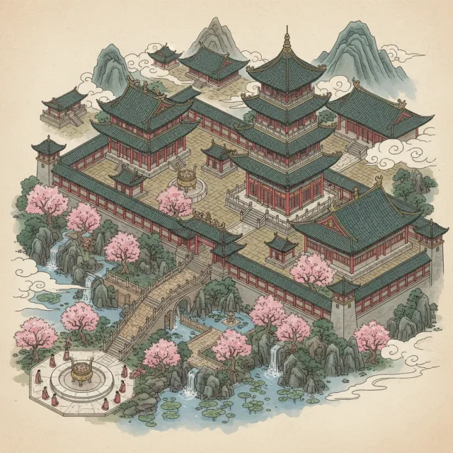 Isometric architectural illustration of an ancient Chinese temple complex showing… - Google Nano Banana (2.5 Flash)