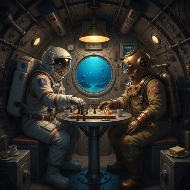 An astronaut and a deep-sea diver playing chess together inside a submarine - Google Nano Banana (2.5 Flash)