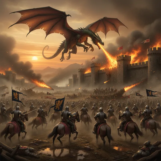 A medieval battlefield with knights on horseback and a dragon flying overhead - Google Nano Banana (2.5 Flash)