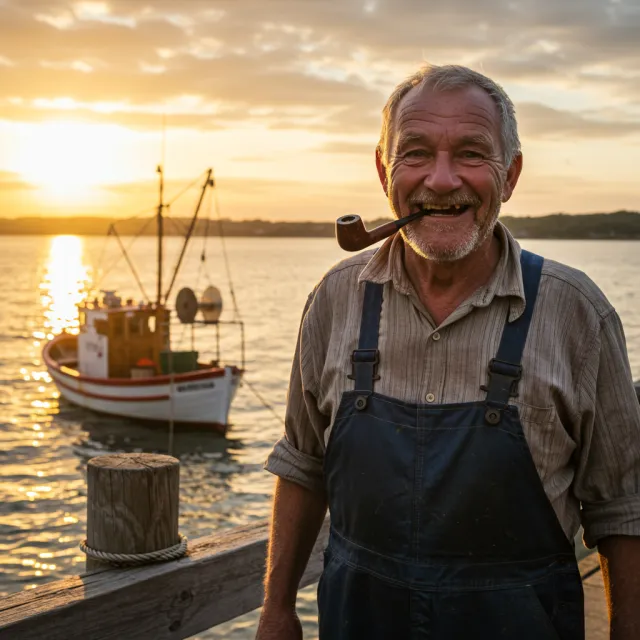 A 4K photo of an old fisherman with a weathered face and a pipe, grinning - Google Imagen 3.0