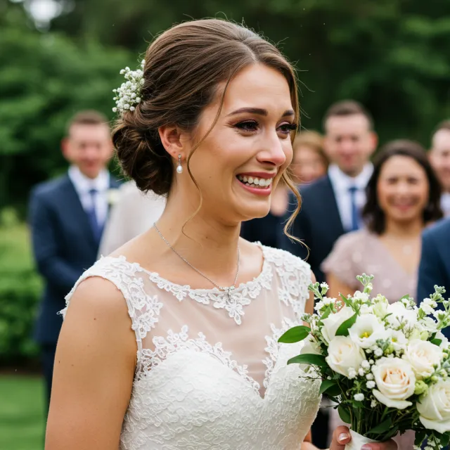 A bride on her wedding day, smiling with tears of joy in her eyes - Google Imagen 3.0
