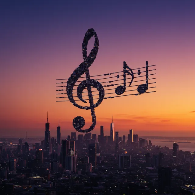 A city skyline that forms the shape of musical notes on a staff, created in a stylized… - Google Imagen 3.0
