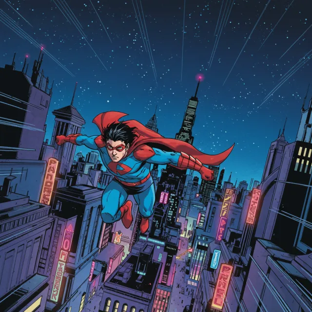 A comic-book style superhero flying over a city at night, with halftone shading - Google Imagen 3.0