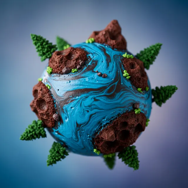 A dessert cake that looks like a tiny planet, complete with miniature trees and… - Google Imagen 3.0