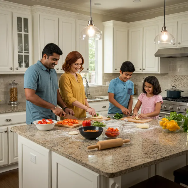 A family cooking together in a kitchen, each person busy with a different task. - Imagen 3.0