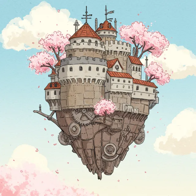 A floating steampunk castle in the sky with intricate mechanical gears and cherry blossom… - Google Imagen 3.0