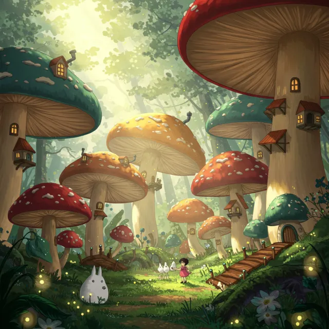 A forest of giant mushrooms with houses built on top of them, rendered in a whimsical… - Google Imagen 3.0
