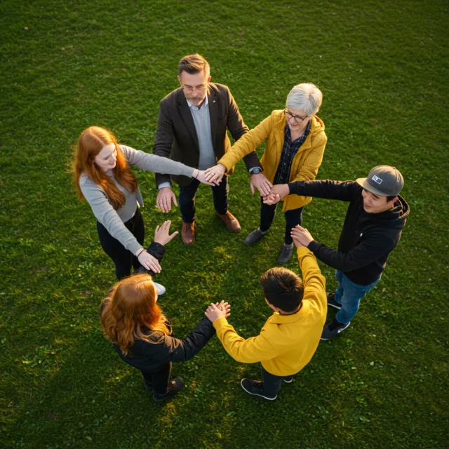 A group of five people joining hands in a circle, seen from above - Google Imagen 3.0