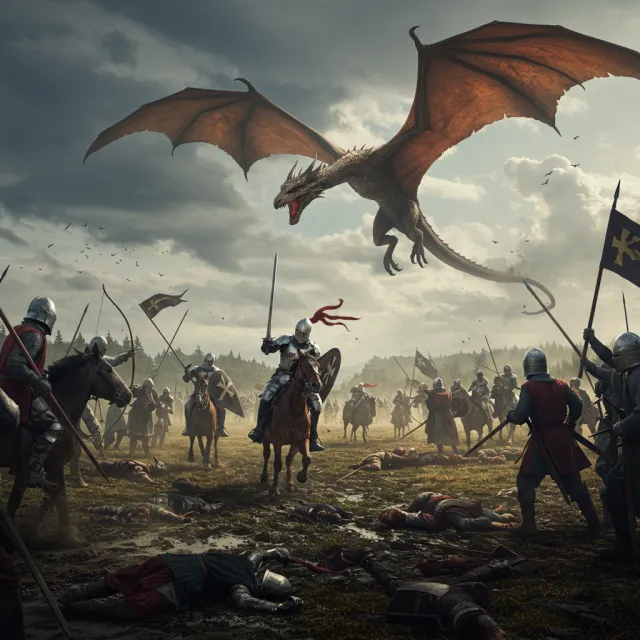 A medieval battlefield with knights on horseback and a dragon flying overhead - Google Imagen 3.0