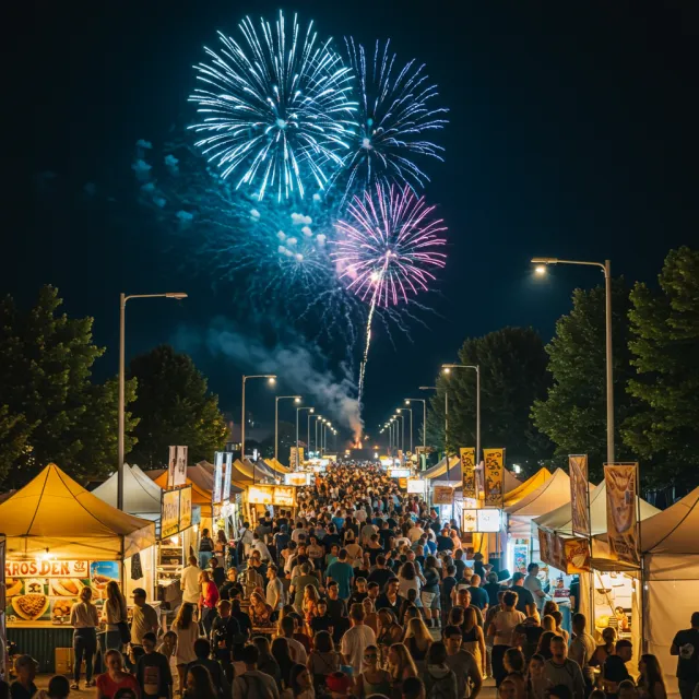 A nighttime festival with fireworks in the sky, food stalls lined up, and crowds mingling - Google Imagen 3.0
