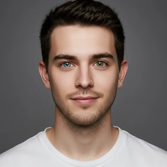A studio headshot of a young man with one blue eye and one green eye (heterochromia) - Google Imagen 3.0