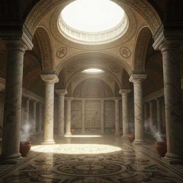 An ancient Roman bathhouse interior with accurate architectural details - marble columns, mosaic floors, arched ceilings, and steam rising from pools. Natural light from oculus openings. - Imagen 3.0